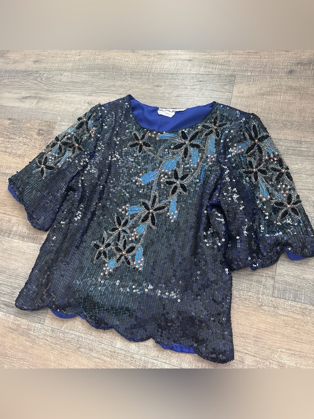VINTAGE SCALA Silk Beaded Sequin Top Blouse Large Blue Black Flutter Sleeve